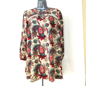 Umgee Paisley Floral Boho Tunic Top Women’s Size Small Long Sleeve Crochet Trim